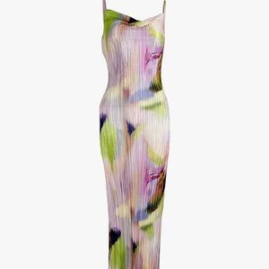 Viral Amazon Dress - Cowl Neck Printed Plisse Maxi Dress